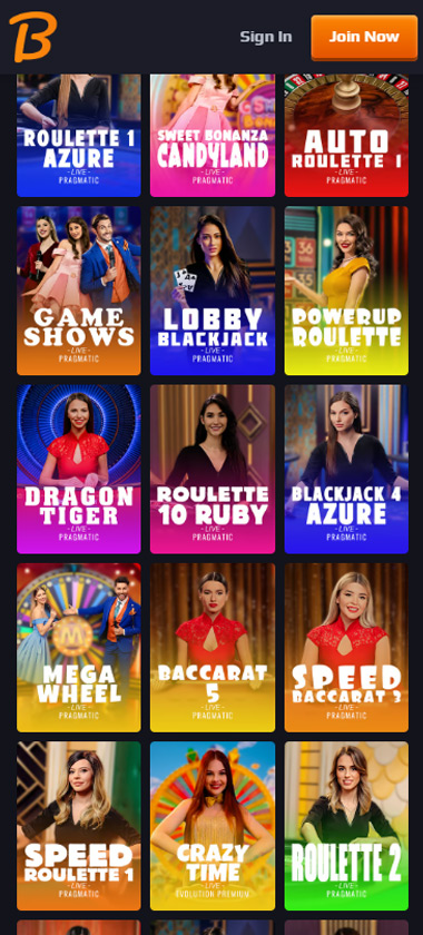 Blaze Spins Casino mobile live games screenshot showing featured Pragmatic Play live games like Lobby Blackjack, Dragon Tiger and Baccarat 5 - tested