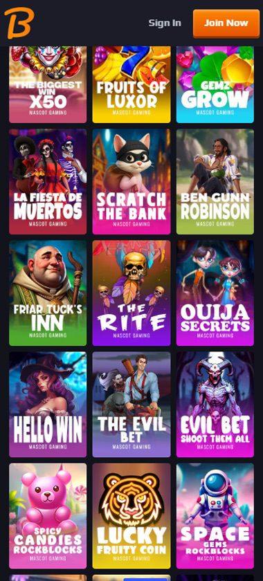 Blaze Spins Casino mobile slots variety screenshot displaying featured slots, categories and touch-optimized navigation - tested