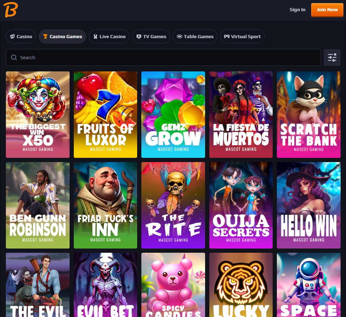 Blaze Spins Casino desktop slots screenshot showing Mascot Gaming slots like Fruits of Luxor, Gemz Grow and The Rite   tested
