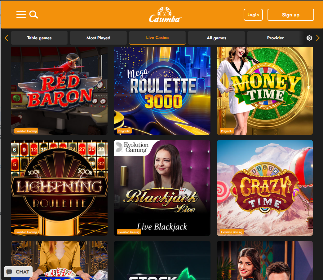 Casimba Casino desktop live casino section screenshot showing Mega Roulette, Red Baron and Blackjack Live games   tested