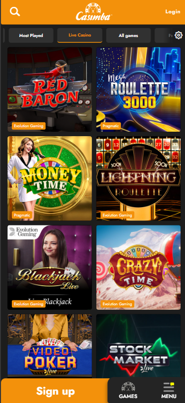 Casimba Casino mobile slot section screenshot showing popular, new and jackpot slots - tested