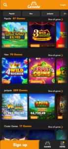 Casimba Casino mobile live casino section screenshot showing Mega Roulette, Red Baron and Blackjack Live games - tested
