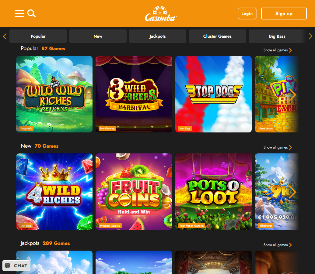 Casimba Casino desktop slot section screenshot showing popular, new and jackpot slots   tested