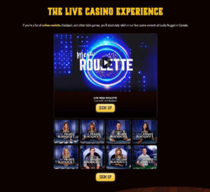 Lucky Nugget Casino desktop screenshot displaying live casino games collection with live dealer tables – tested