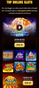 Lucky Nugget Casino mobile screenshot showing slots categories and featured titles – tested