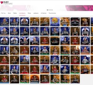 Rubyfortune Casino desktop interface screenshot showing the full collection of live dealer games - tested