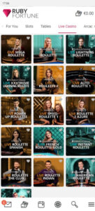 Rubyfortune Casino mobile interface screenshot showing the selection of live dealer games - tested