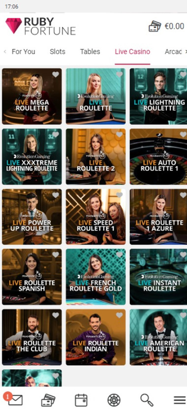 Rubyfortune Casino mobile interface screenshot showing the selection of live dealer games - tested