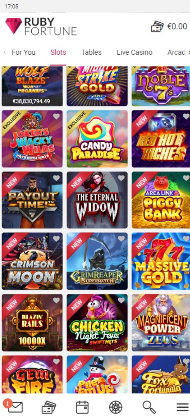 Rubyfortune Casino mobile interface screenshot showing the variety of slot games available on mobile - tested