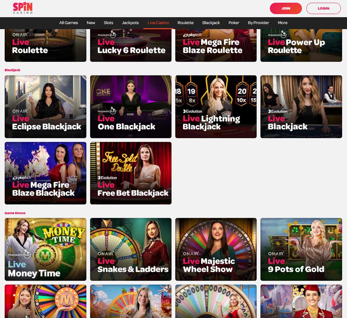 Spin Casino desktop interface screenshot showing the live casino lobby with various dealer games   tested