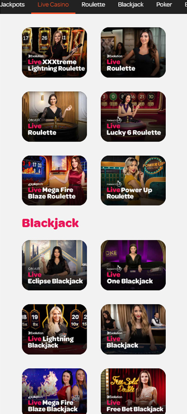 Spin Casino mobile interface screenshot demonstrating the live blackjack game selection   tested