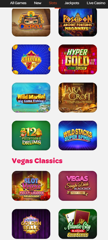 Spin Casino mobile interface screenshot showing the Vegas Classics slot games section   tested