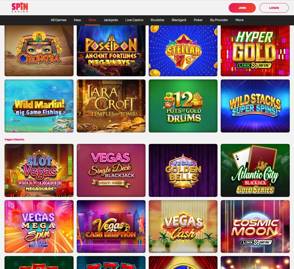 Spin Casino desktop interface screenshot displaying a wide variety of slot games   tested during our review