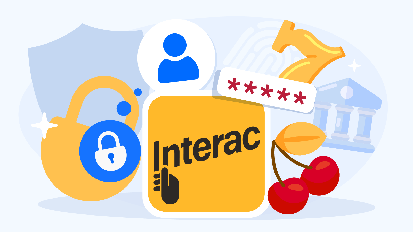 Interac security illustration showing bank-level encryption, multi-factor authentication, and secure redirection to the bank’s website during Canadian casino transactions.