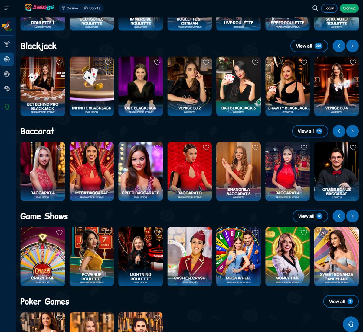 BaxterBet Casino desktop live casino lobby featuring multiple live dealer table games – tested