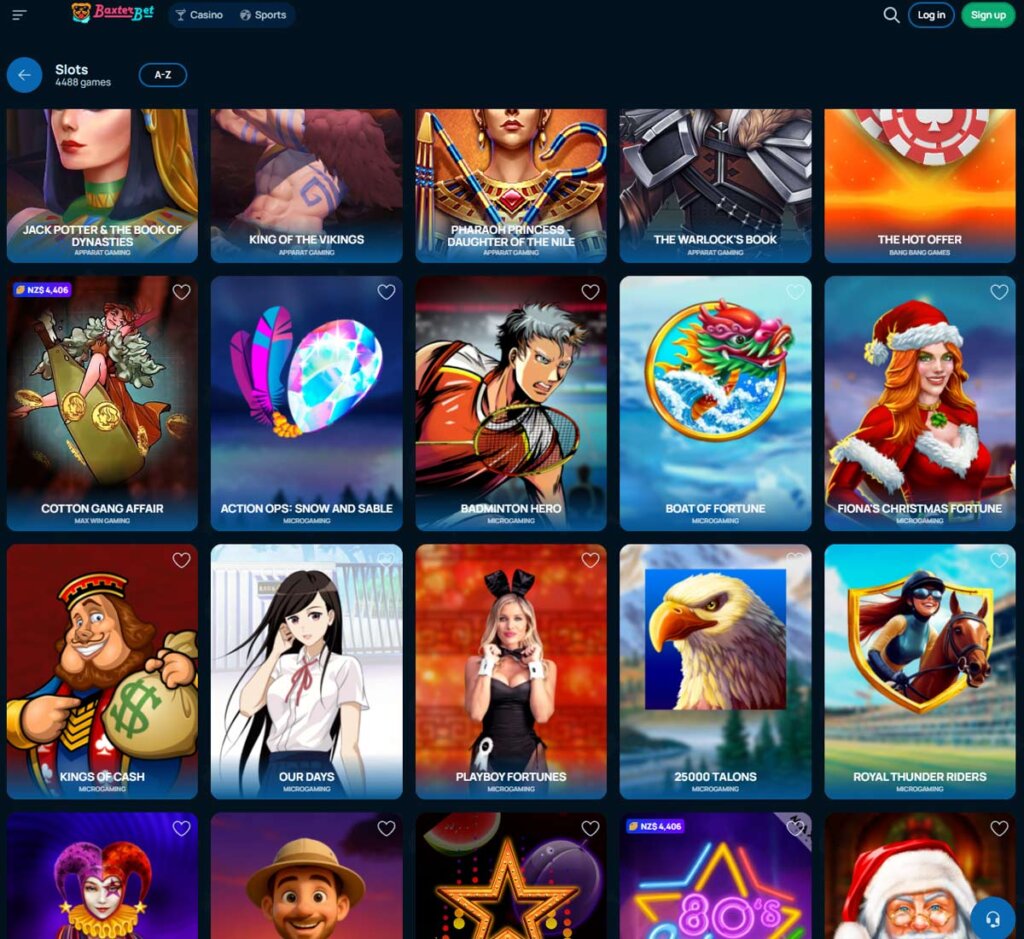 BaxterBet Casino desktop slots lobby showcasing various slot titles and categories – tested