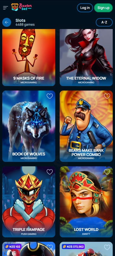 BaxterBet Casino mobile slots view with featured slot games and categories optimized for phones – tested