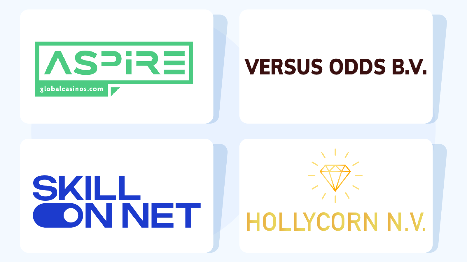 Visual list graphic featuring major Canadian casino group logos including Aspire Global, Versus Odds BV, SkillOnNet and Hollycorn NV