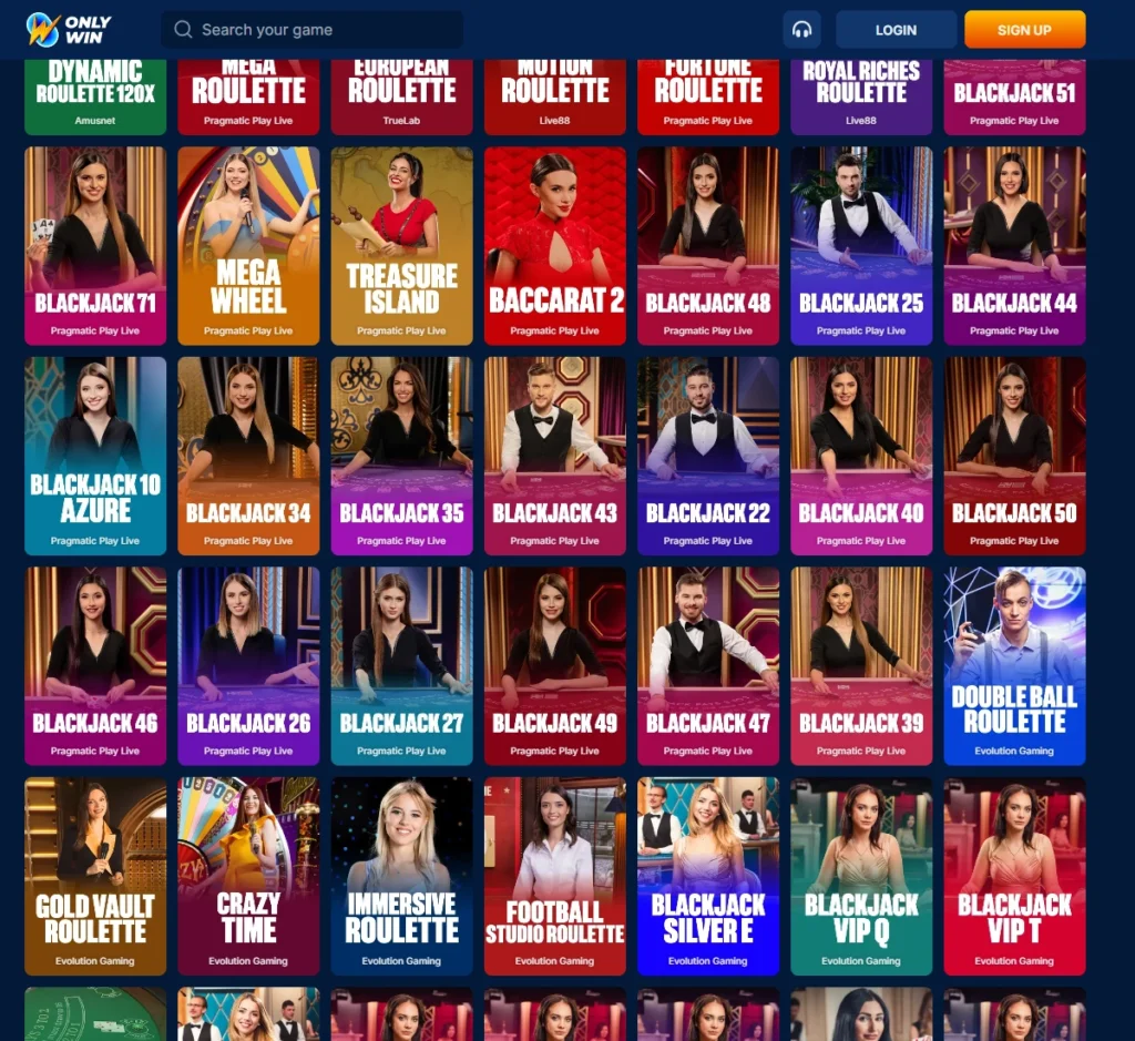 OnlyWin Casino desktop live casino screenshot showing live dealer tables and real-time gameplay – tested