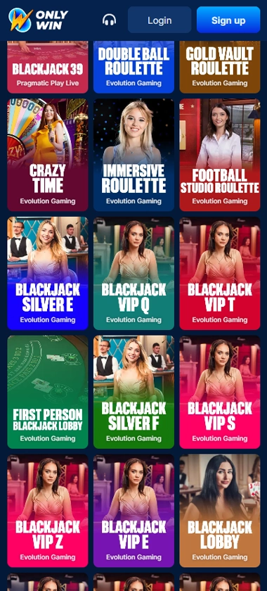 OnlyWin Casino mobile live casino screenshot showing live dealer games optimized for mobile play – tested