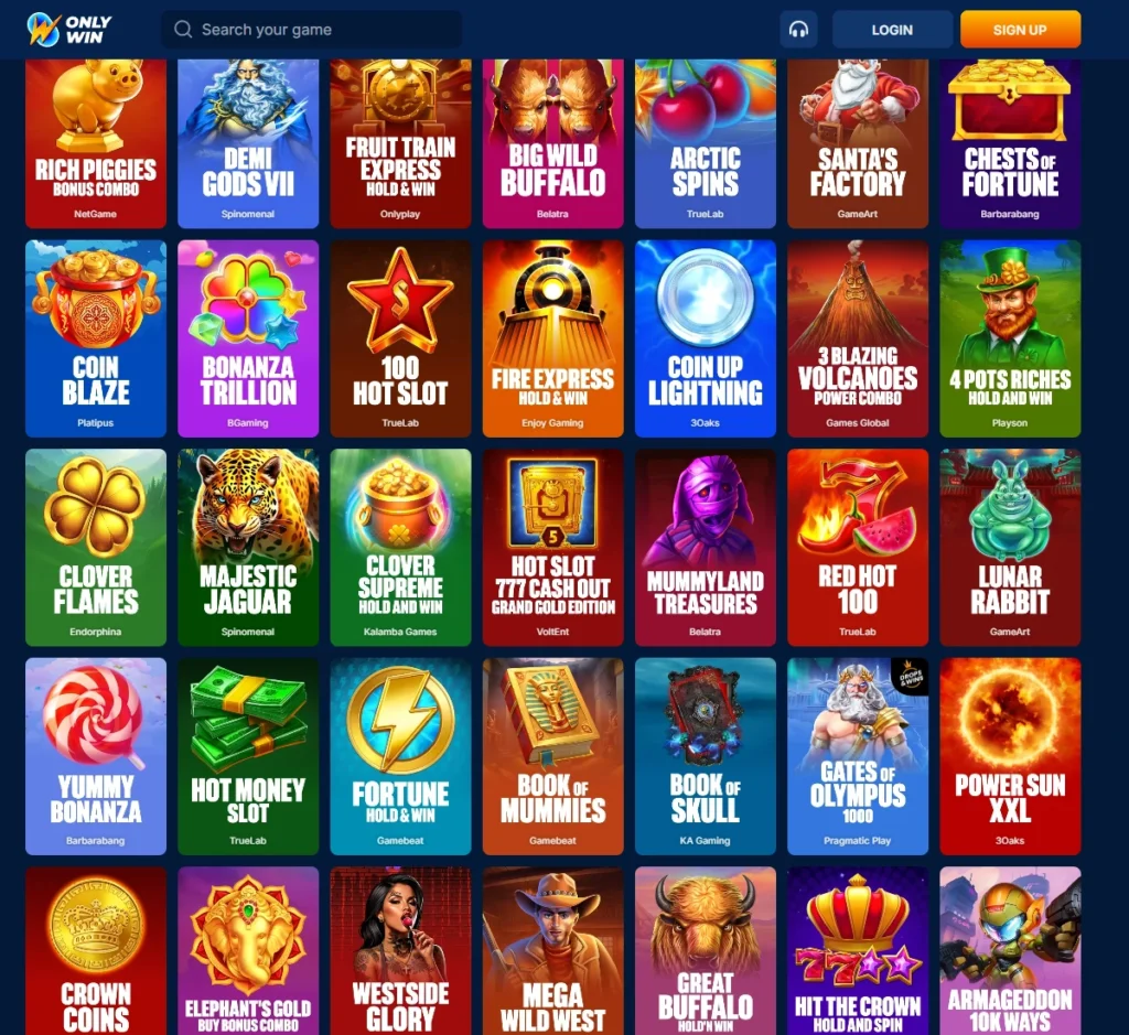 OnlyWin Casino desktop slots screenshot showing multiple slot titles and game filters – tested