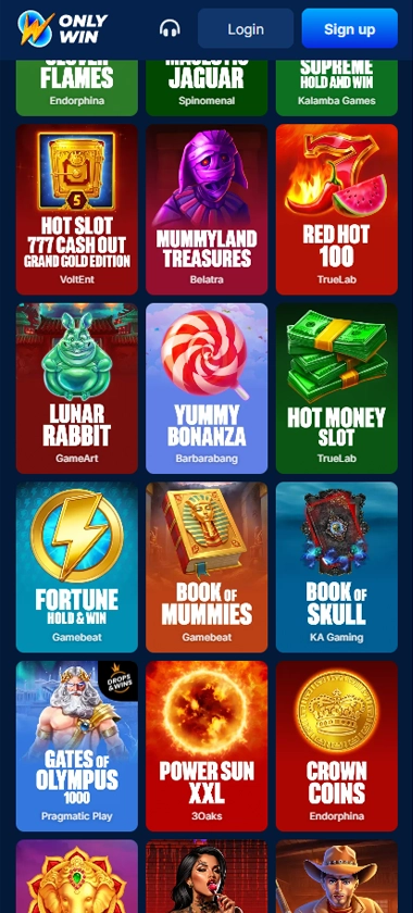 OnlyWin Casino mobile slots screenshot showing a variety of slot games and categories on a mobile interface – tested
