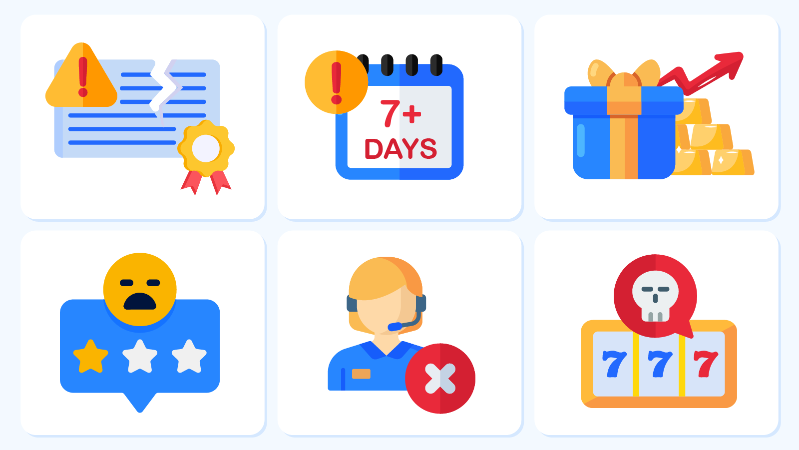 Casino safety warning infographic showing 6 red flags including unlicensed operators, delayed payouts, unrealistic bonuses, poor reviews, unresponsive support and pirated games to avoid in Canada