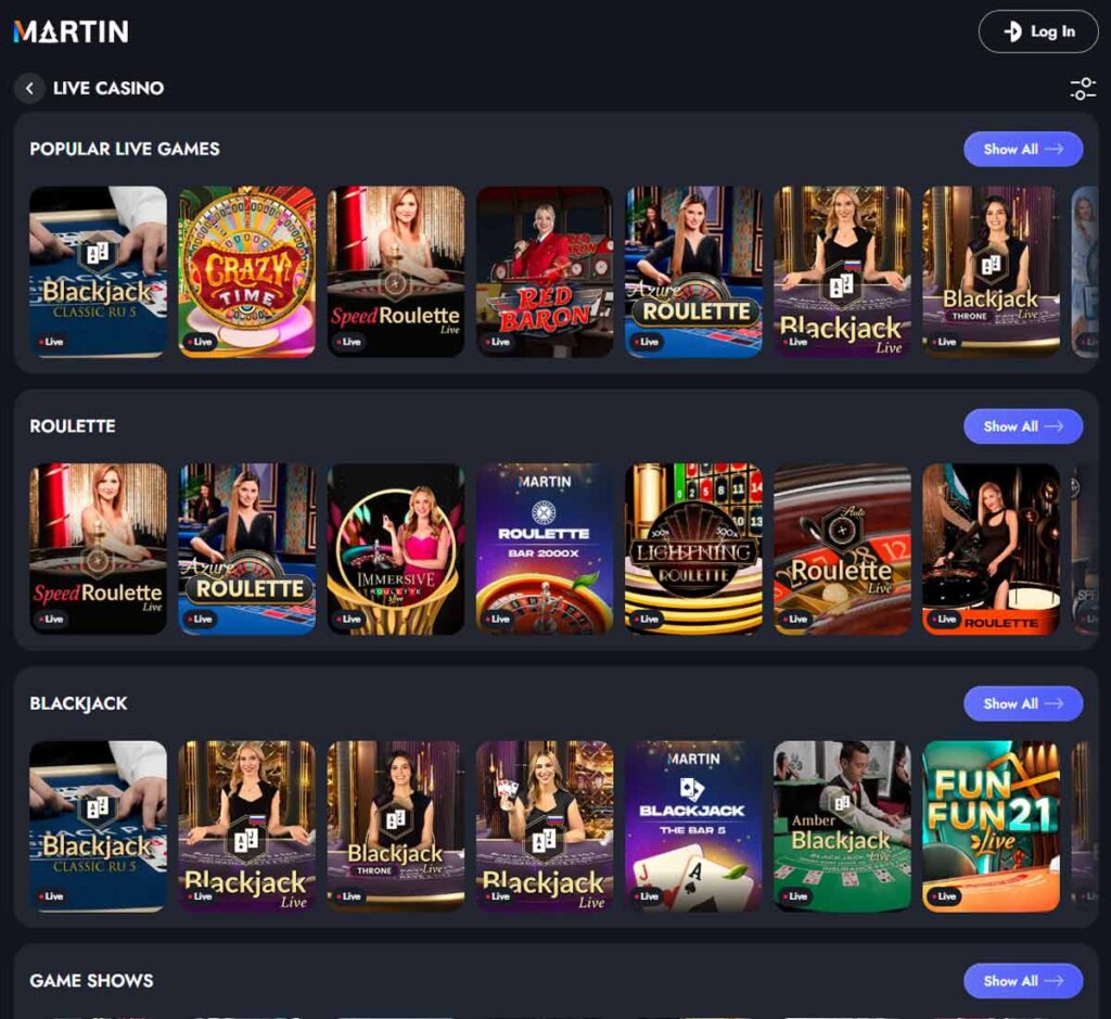 Martin Casino desktop live casino screenshot showing popular live games from game shows, roulette and blackjack categories - tested