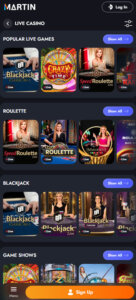 Martin Casino mobile live casino screenshot showing popular live games, blackjack, roulette and game shows - tested