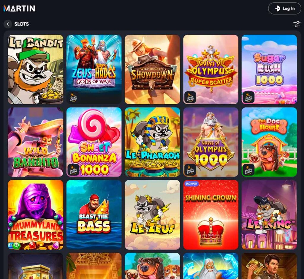Martin Casino desktop slots screenshot showing popular slots like The Dog House, Wild Bandito and Sweet Bonanza - tested