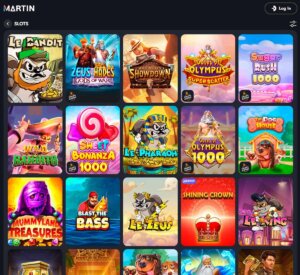 Martin Casino desktop slots screenshot showing popular slots like The Dog House, Wild Bandito and Sweet Bonanza - tested