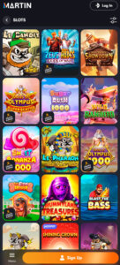 Martin Casino mobile slots screenshot showing popular games like Gates of Olympus 1000, Sugar Rush 1000 and Blast the Bass - tested