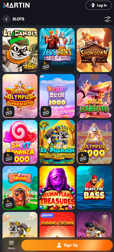Martin Casino mobile slots screenshot showing popular games like Gates of Olympus 1000, Sugar Rush 1000 and Blast the Bass - tested