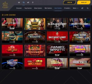 21 Casino desktop live casino screenshot showing real-dealer tables including roulette, blackjack and baccarat with lobby navigation - tested