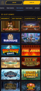 21 Casino mobile slots screenshot showing a variety of slot games, categories and featured titles on smartphone interface - tested
