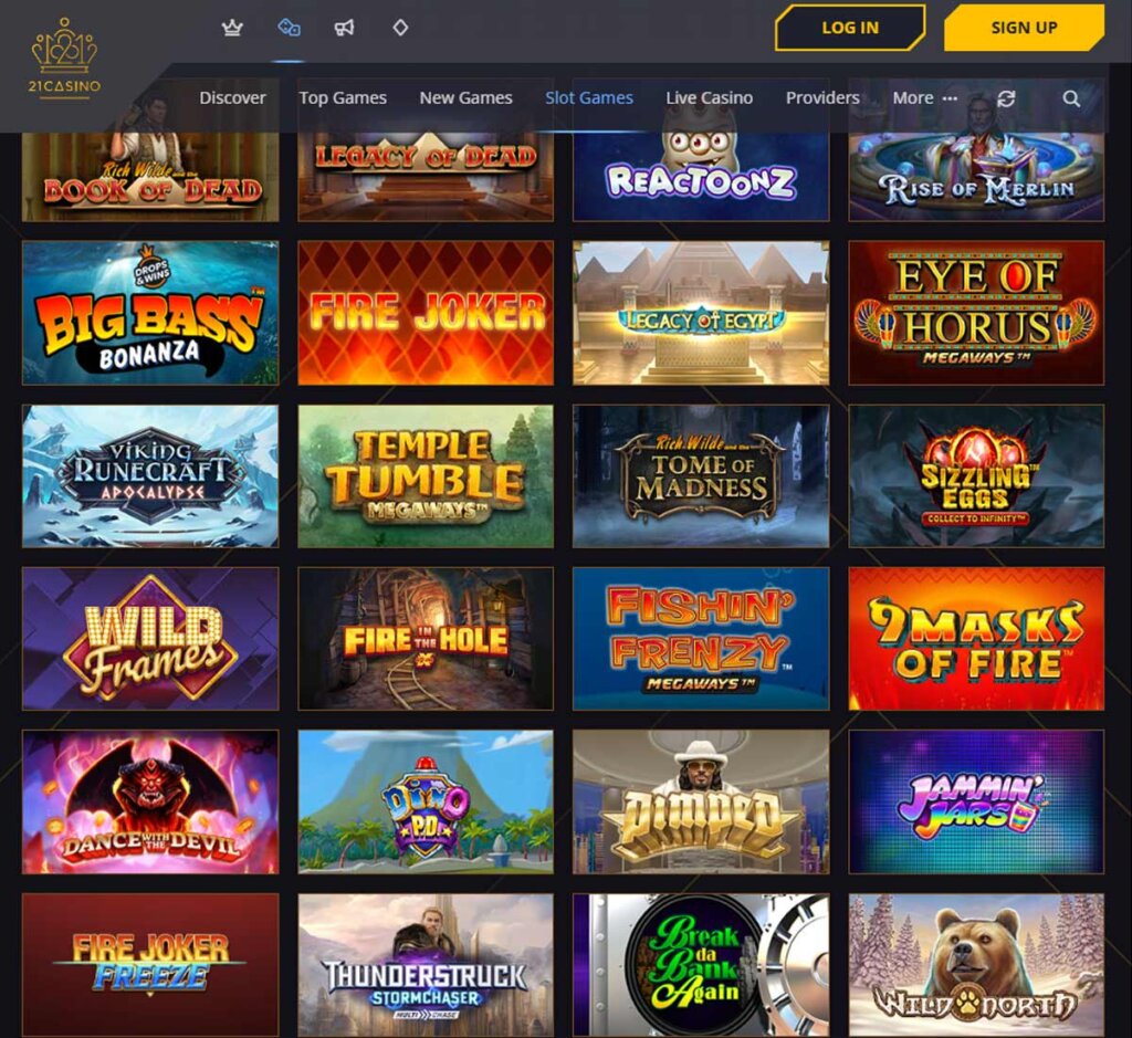 21 Casino desktop slots screenshot showing variety of slot games, categories and featured titles - tested