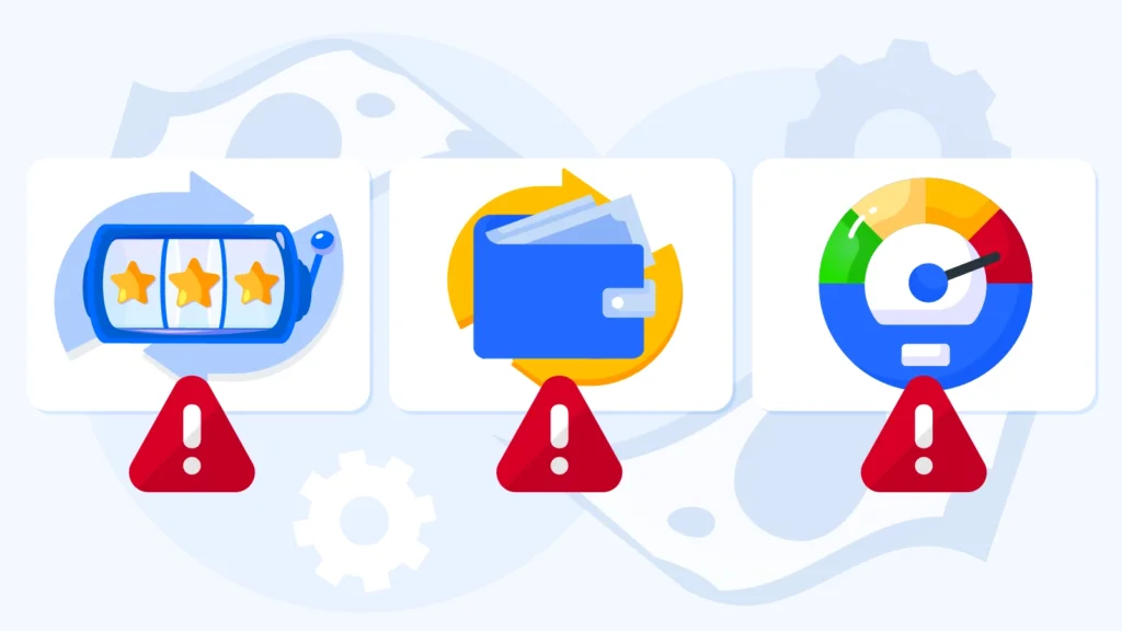 Warning checklist showing three red flags of fake no wagering bonuses including turnover requirements, wagering on winnings, and extreme max caps like C10onC10onC100 bonus