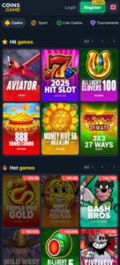 CoinsGame Casino mobile slots screenshot showing slot game categories, featured titles and navigation on smartphone interface - tested