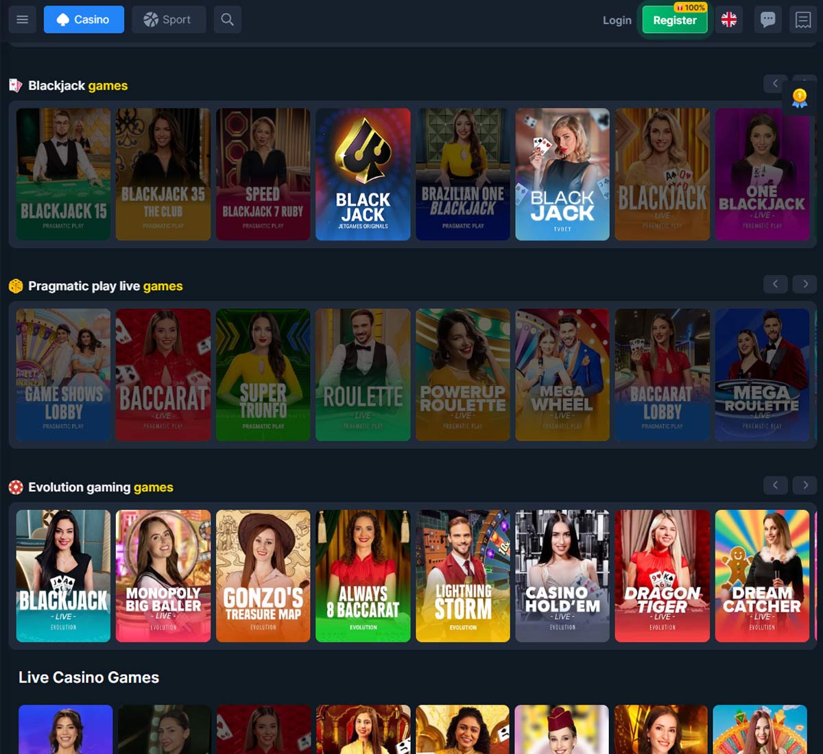 Coins.Game Casino desktop live casino screenshot showing real dealer tables including roulette, blackjack and baccarat with lobby navigation   tested