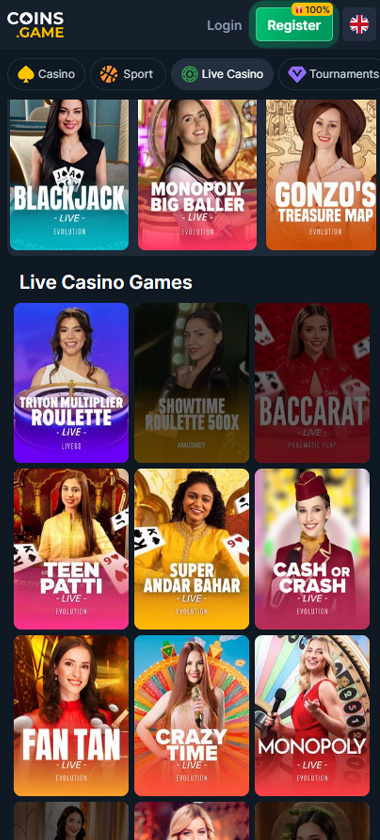 Coins.Game Casino mobile live casino screenshot showing real dealer tables including roulette, blackjack and baccarat on smartphone interface   tested