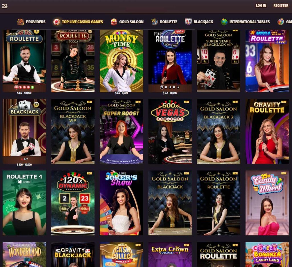 Dragonia Casino desktop live casino screenshot showing real-dealer tables including roulette, blackjack and baccarat with lobby navigation - tested
