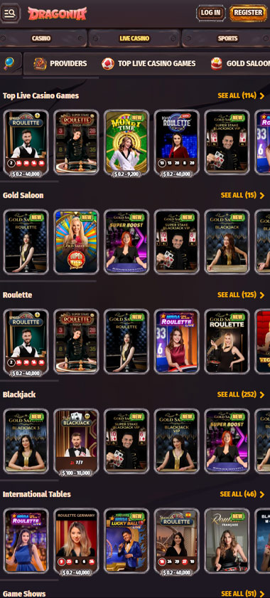 Dragonia Casino mobile live casino screenshot showing real dealer tables including roulette, blackjack and baccarat on smartphone interface   tested