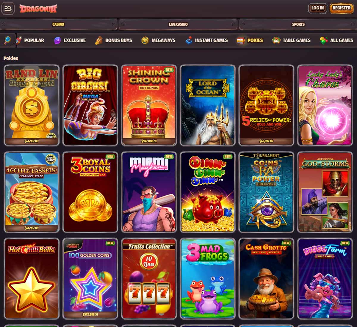 Dragonia Casino esktop slots screenshot showing slot game categories, featured titles and filtering options   tested