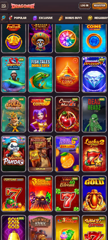 Dragonia Casino mobile slots screenshot showing slot game categories, featured titles and navigation on smartphone interface   tested