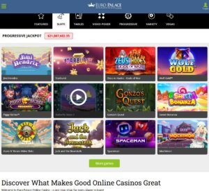 Europalace Casino desktop slots screenshot showing slot game categories, featured titles and filtering options - tested