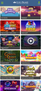 Europalace Casino mobile slots screenshot showing slot game categories, featured titles and navigation on smartphone interface - tested