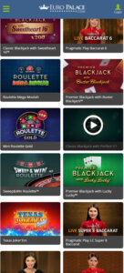 Europalace Casino mobile table games screenshot showing blackjack, roulette and baccarat tables on smartphone interface - tested