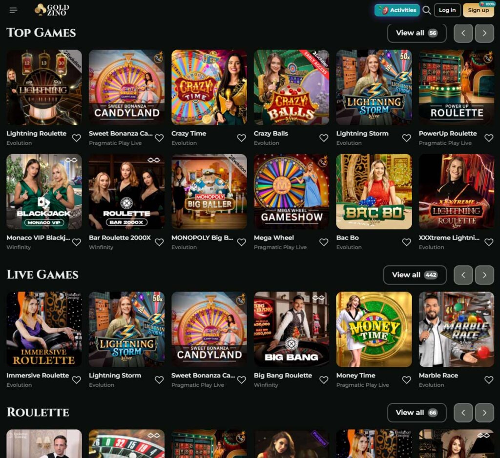 Goldzino Casino desktop live casino screenshot showing real-dealer tables, including roulette, blackjack and baccarat with game lobby layout - tested