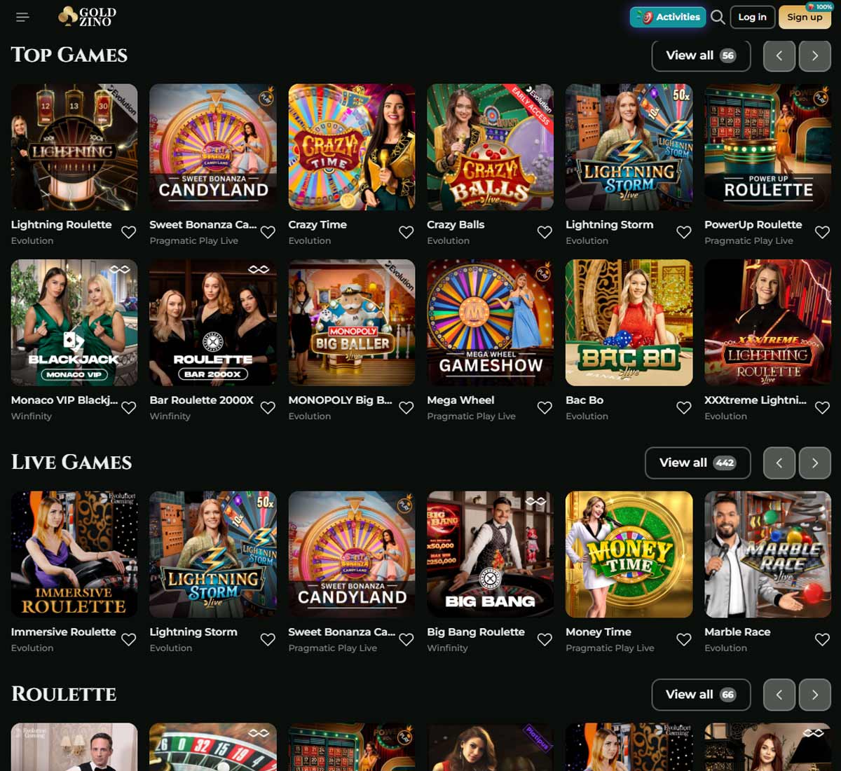 Goldzino Casino desktop live casino screenshot showing real dealer tables, including roulette, blackjack and baccarat with game lobby layout   tested
