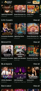 Goldzino Casino mobile live casino screenshot displaying real-dealer tables including roulette, blackjack and baccarat with compact lobby layout - tested